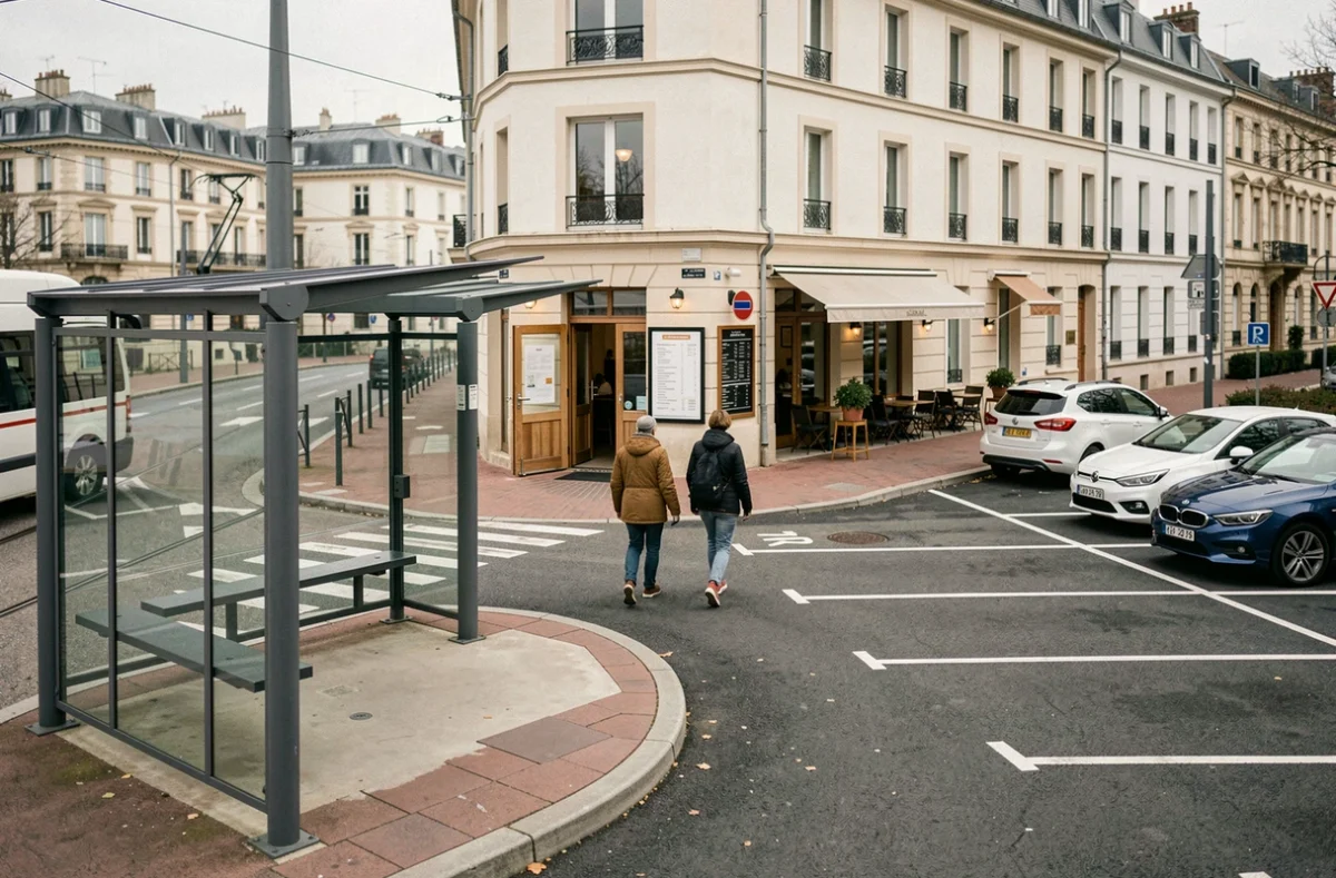 Arrêt de tram et parking devant un restaurant du quartier Bordeaux Lac avec entrée visible et menu affiché