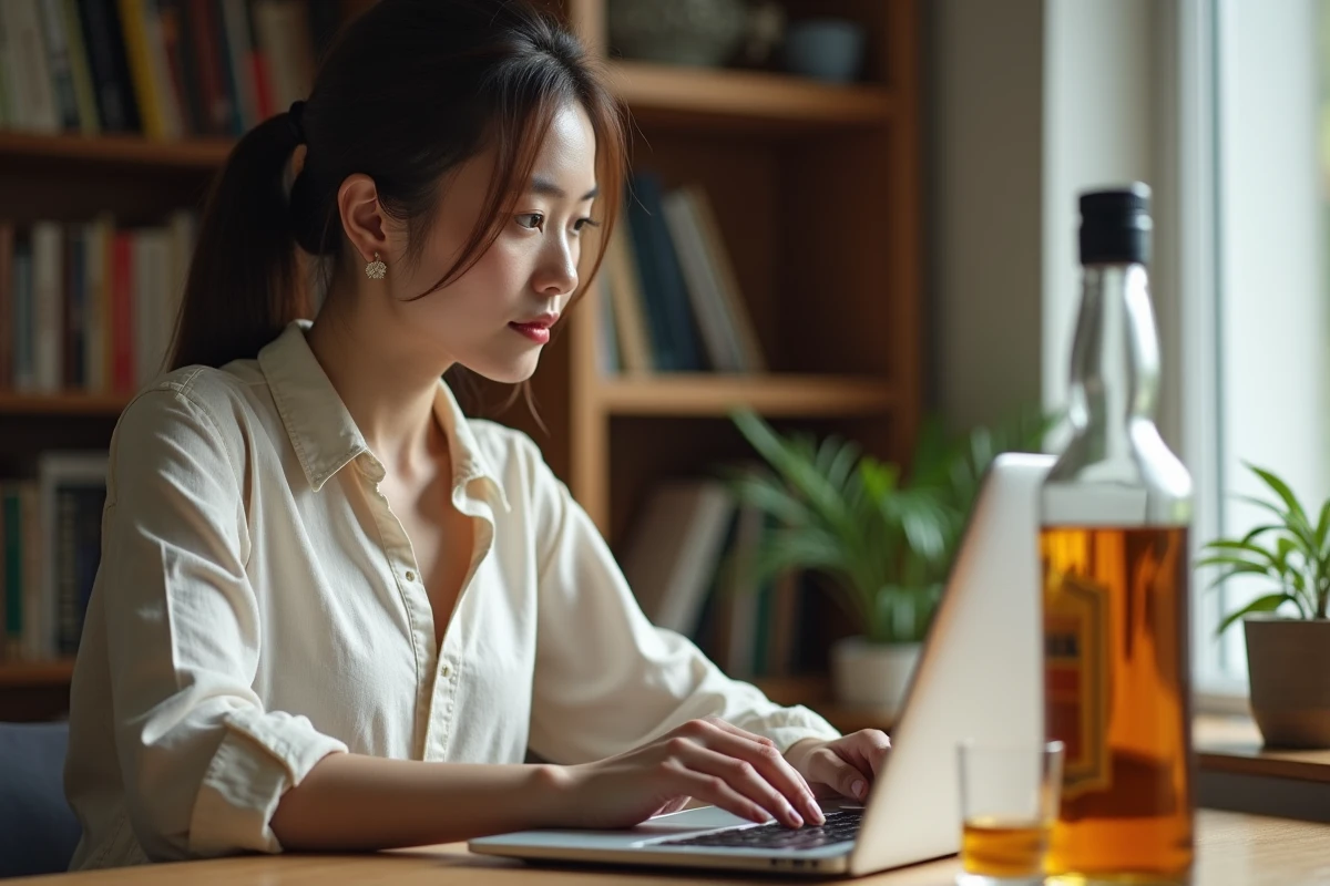 Femme recherchant du whisky japonais en ligne sur son ordinateur portable à la maison