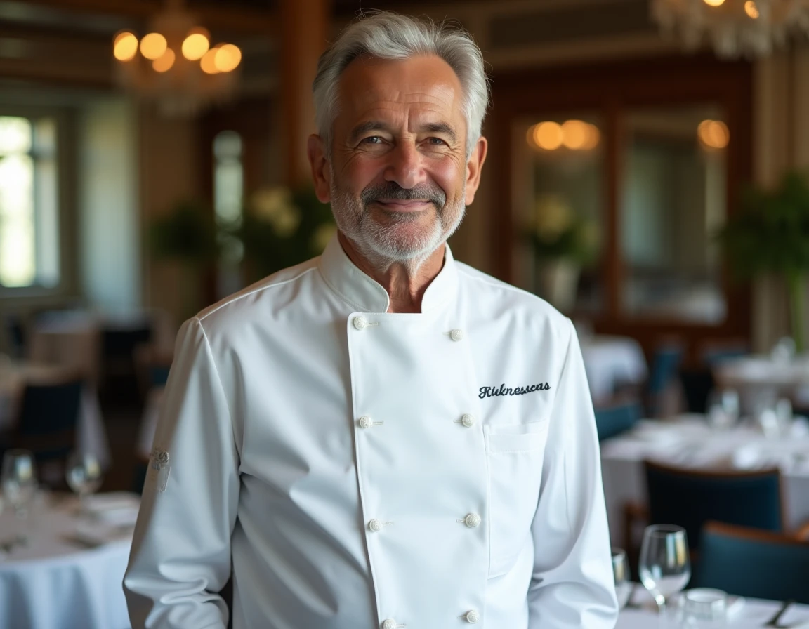 Chef Alain Ducasse en veste blanche dans la salle d'un restaurant étoilé parisien, incarnant son empire gastronomique