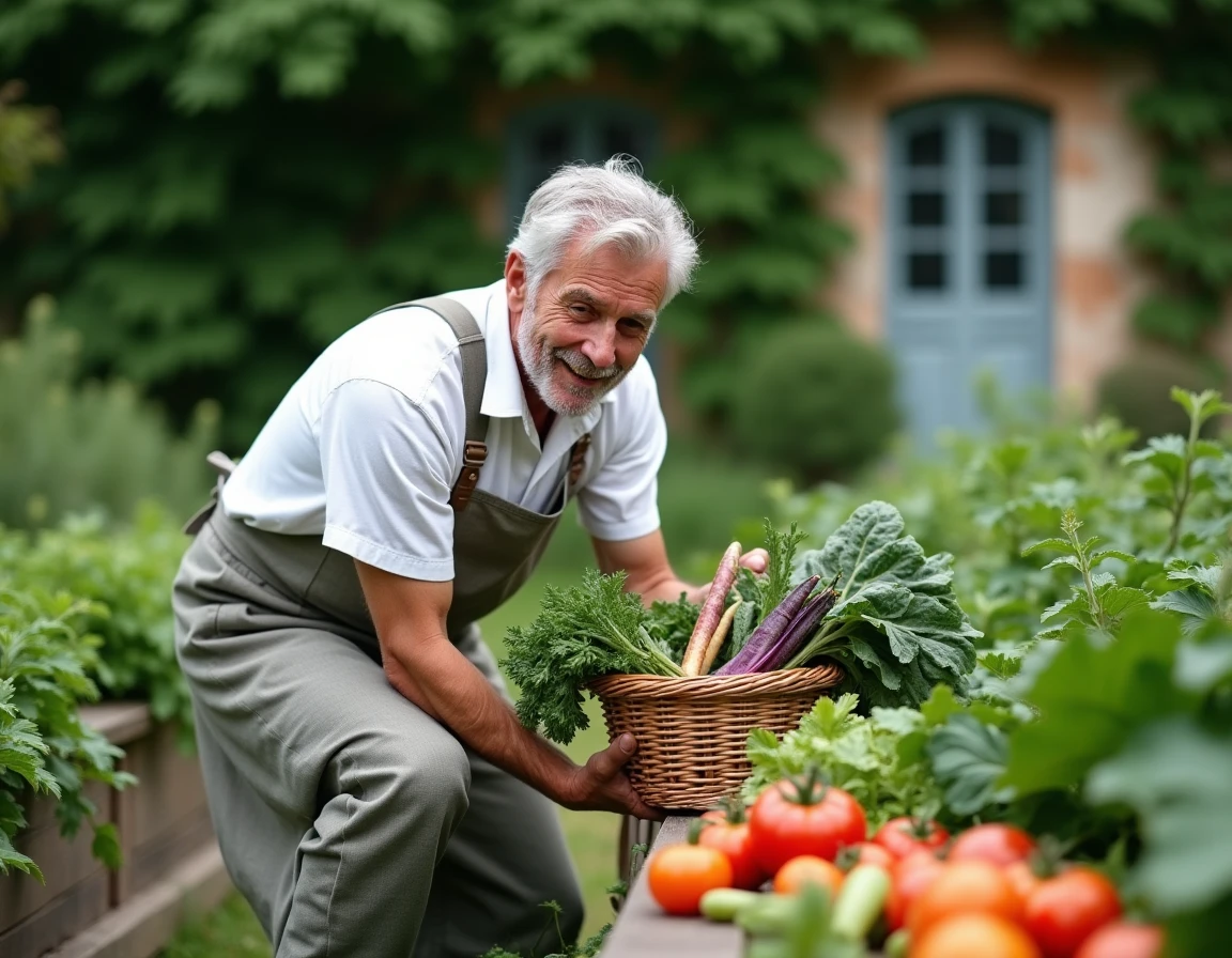 Chef Alain Passard dans son potager en train de récolter des légumes anciens pour sa cuisine étoilée