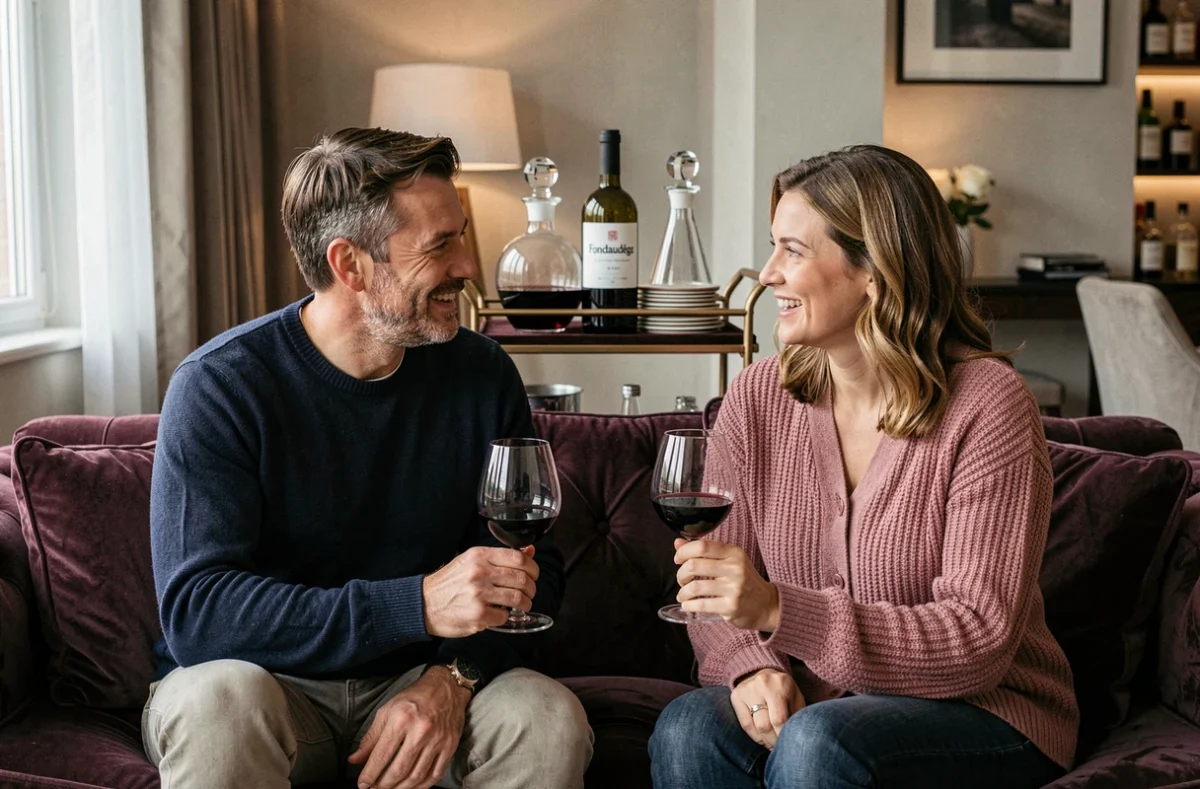 Deux amis dégustant du vin Fondaudège sur un canapé velours dans un salon aménagé en bar à la maison