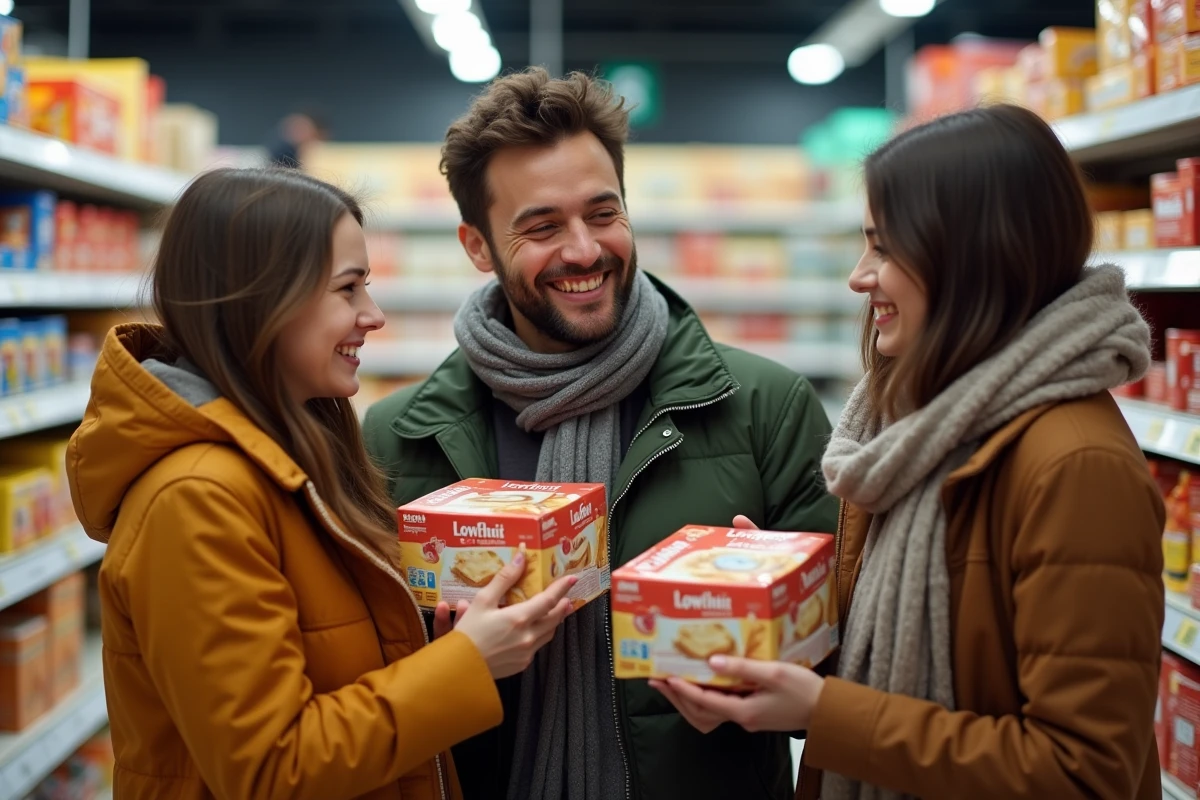 Trois amis discutant de gâteaux faibles en calories dans un supermarché