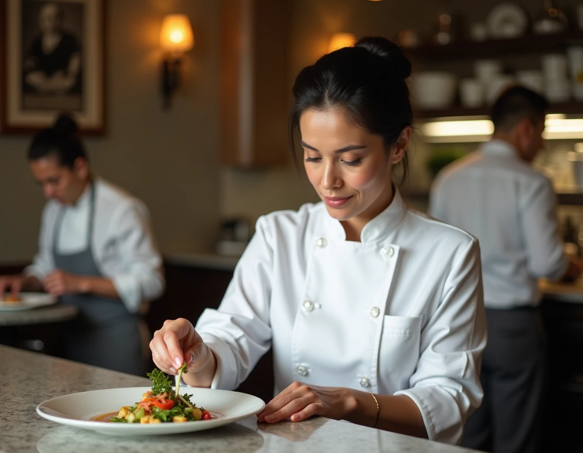 Cheffe Anne-Sophie Pic en cuisine étoilée finissant un plat, entourée de références à son héritage culinaire familial