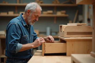 Artisan menuisier inspectant jointures en bois dans son atelier