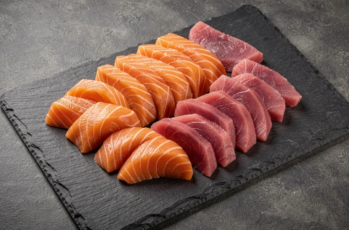 Assiette de sashimis de saumon et de thon sur un plateau