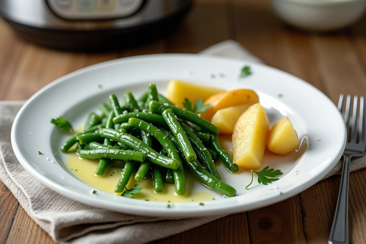 Assiette de haricots verts et pommes de terre vapeur assaisonnés à l'huile d'olive et persil frais, accompagnement express cocotte minute