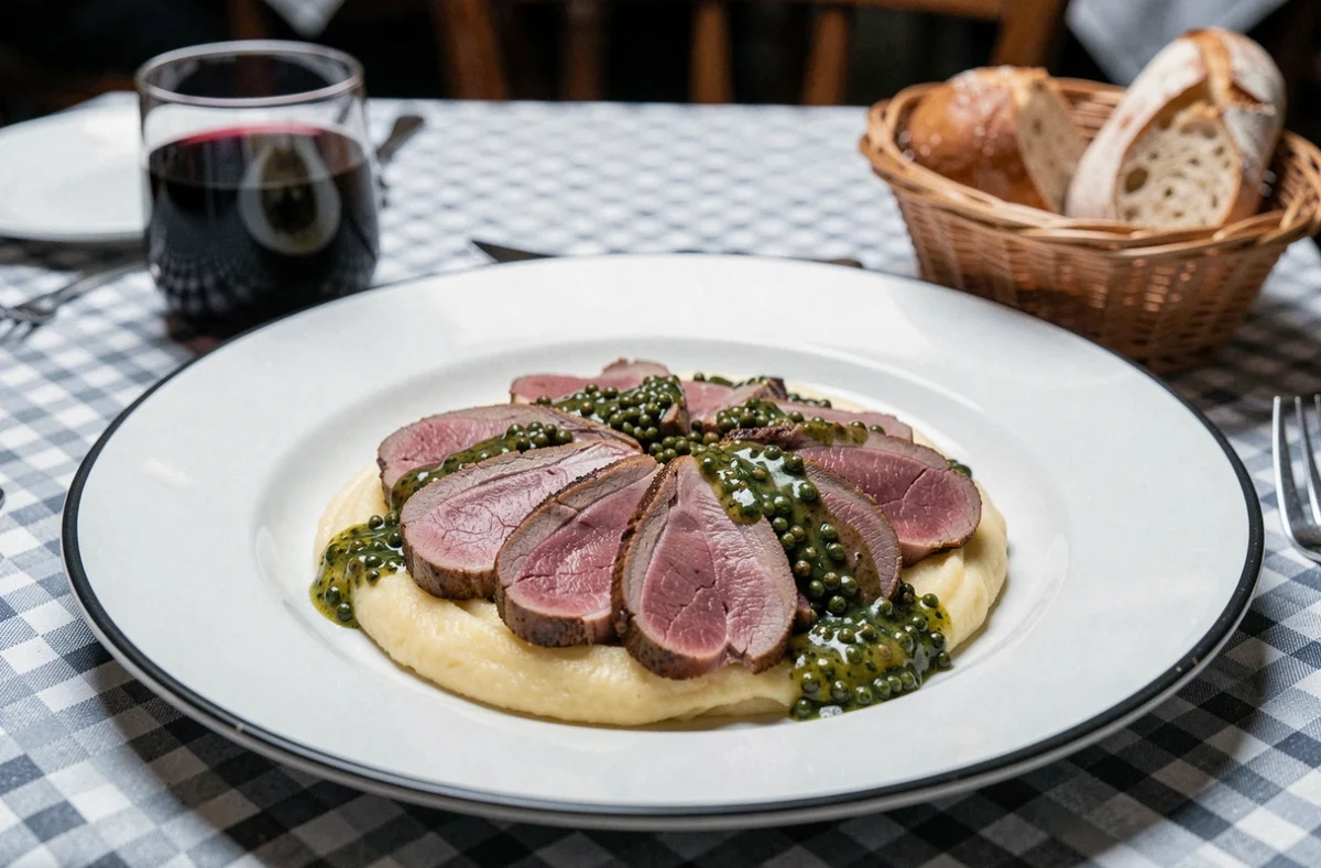 Assiette de magret de canard au poivre vert avec purée de pommes de terre dans un bistrot parisien
