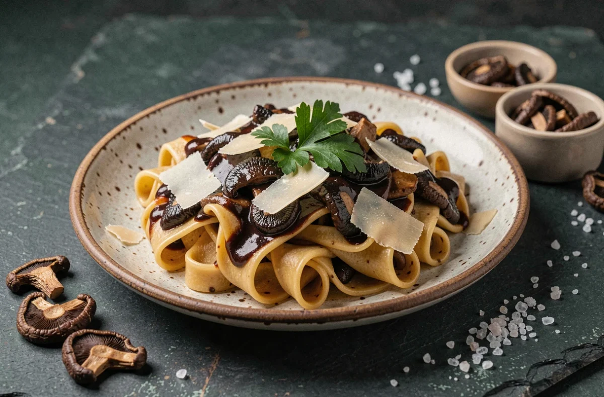 Assiette de pappardelle nappées de sauce aux cèpes avec parmesan et persil frais