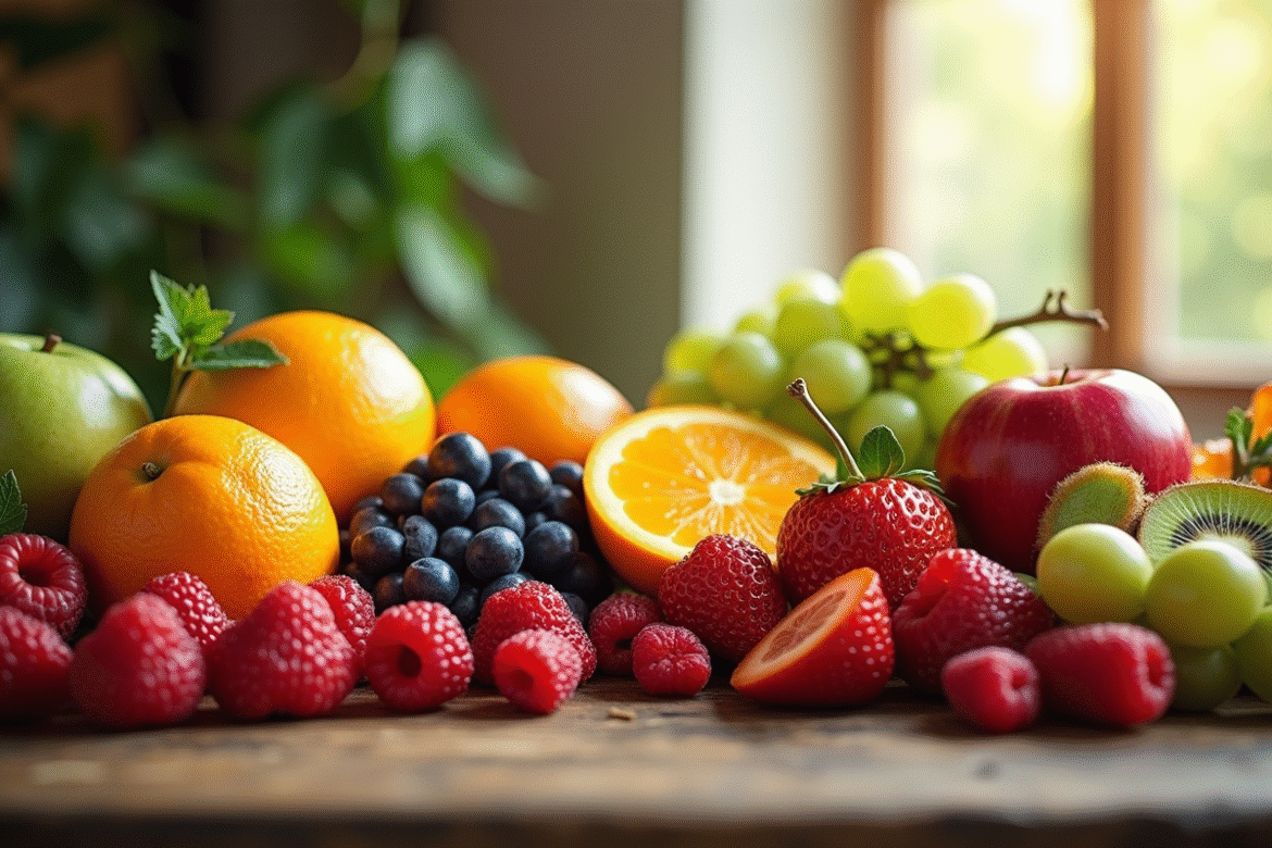 Assortiment de fruits frais sur une table en bois