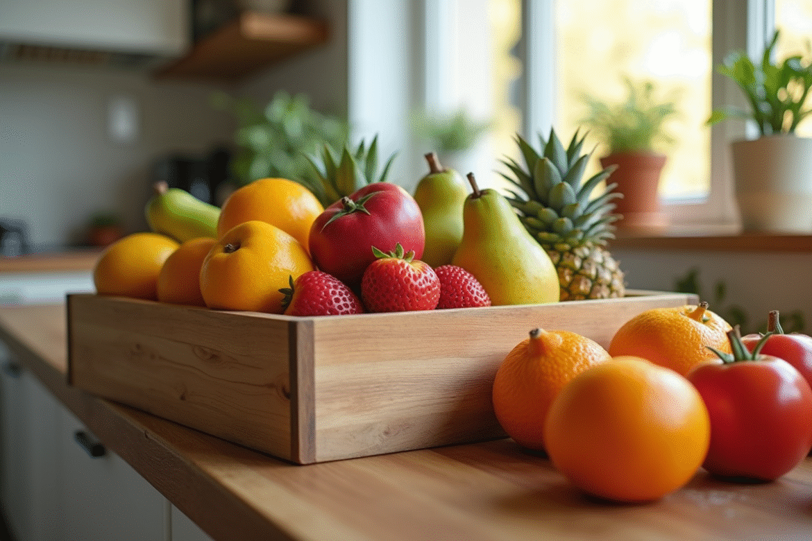 Assortiment de fruits frais colorés dans une caisse en bois
