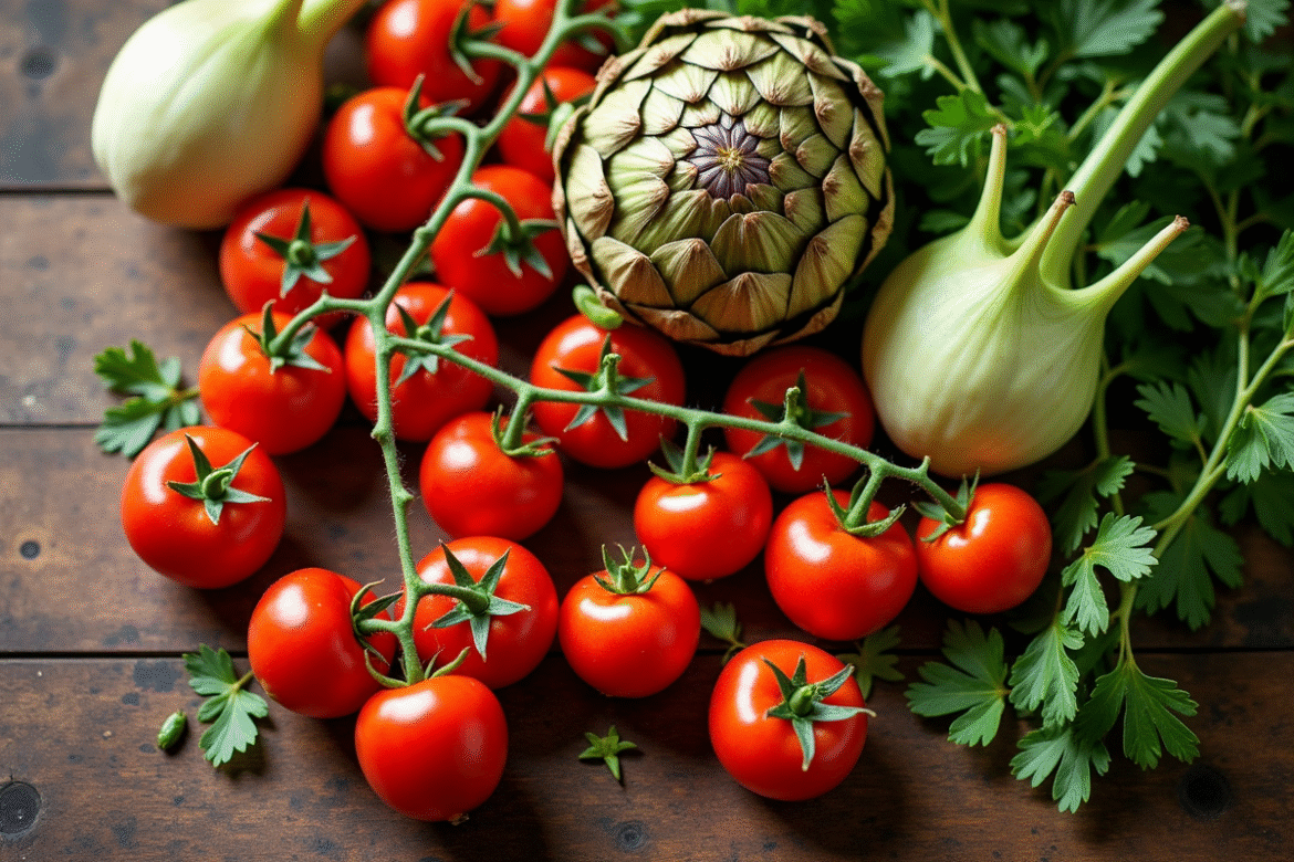 Assortiment de légumes frais avec tomates juteuses et artichauts