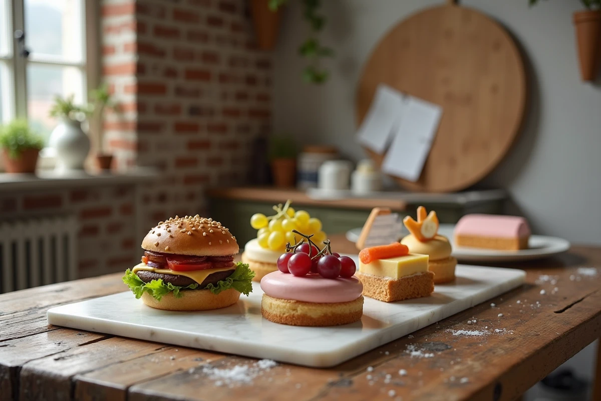 Assortiment de pâtisseries trompe l'oeil hyperréalistes imitant un burger, des raisins et un savon sur une table en bois rustique