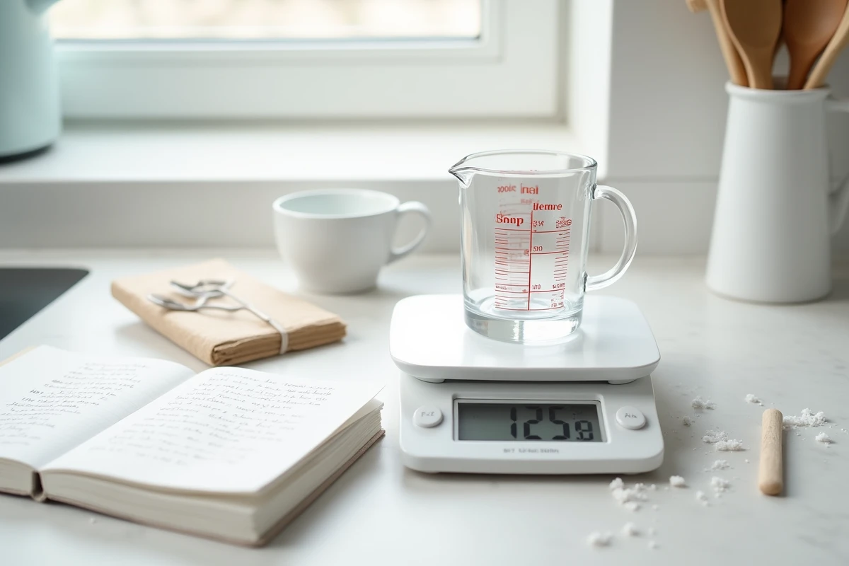 Verre doseur et balance de cuisine affichant 125g avec notes de conversion manuscrites sur un plan de travail en pierre blanche