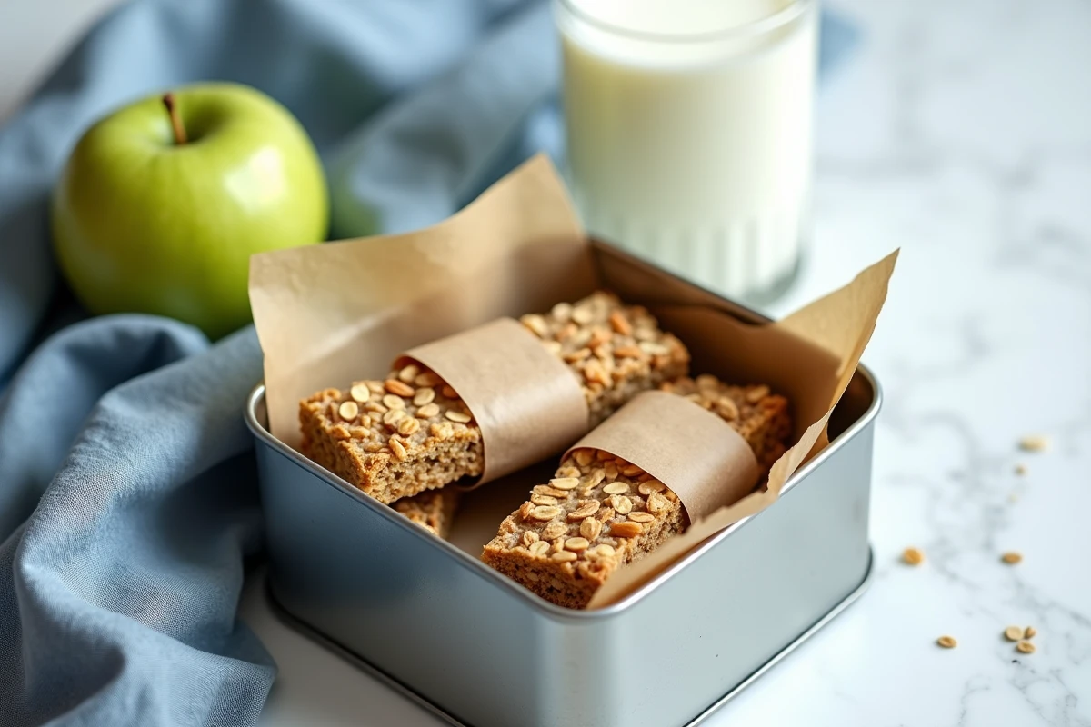 Barres de céréales maison à l'avoine emballées dans du papier kraft pour le goûter avec une pomme verte