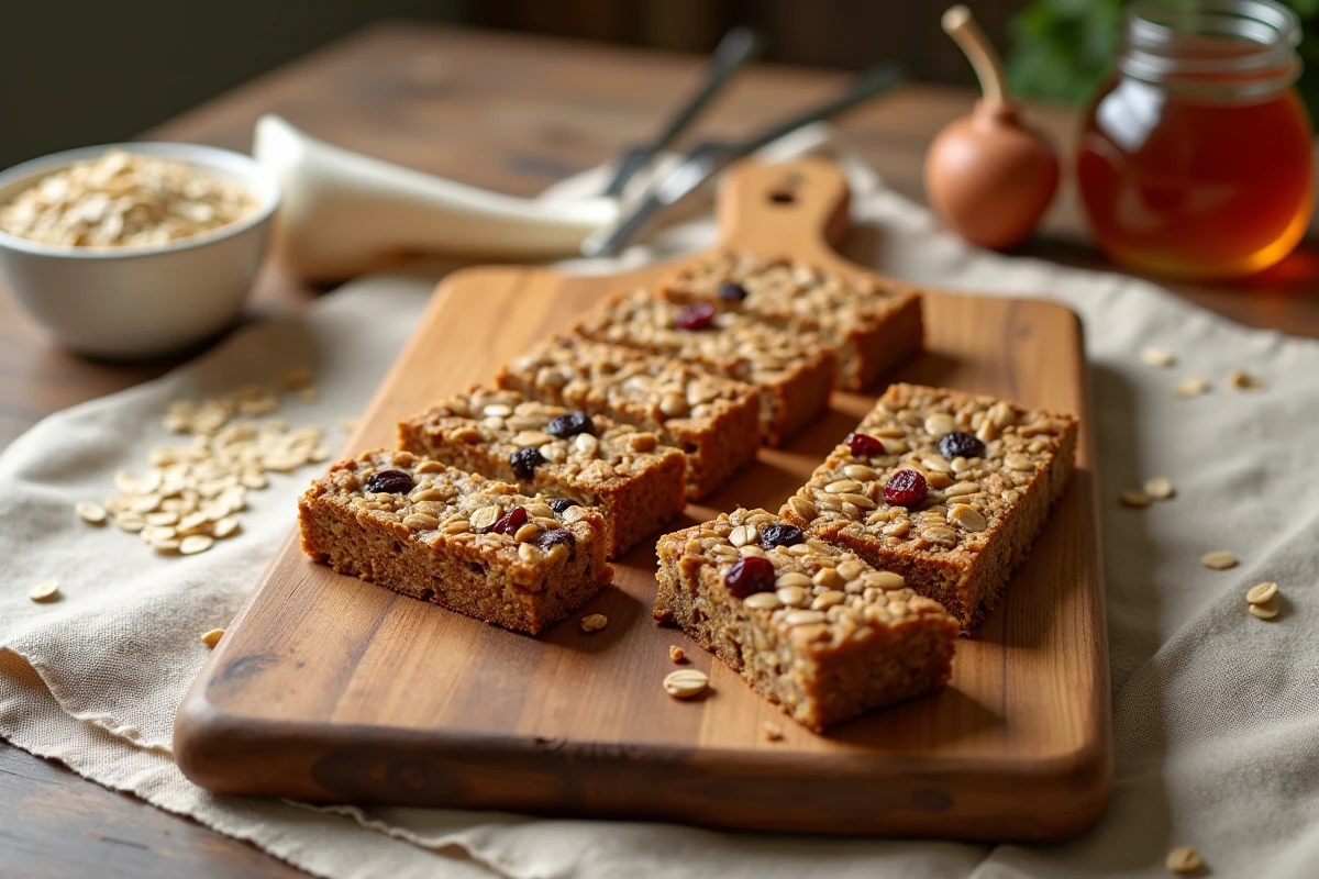 Barres de céréales maison à l'avoine et au miel sans sucre raffiné sur une planche en bois rustique, vue de dessus
