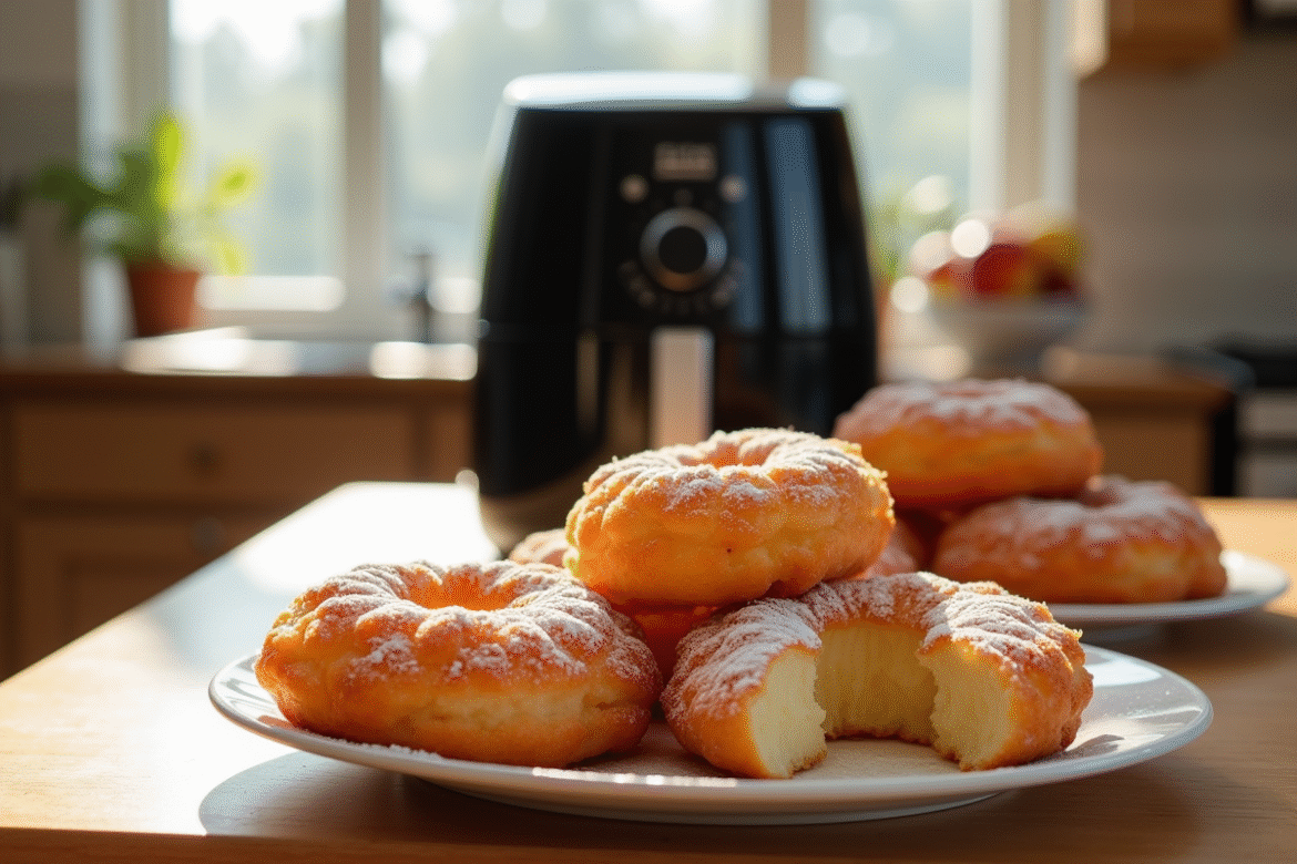 Beignets de pommes faits maison avec sucre glace sur une assiette lumineuse