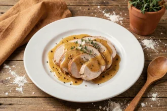 Blancs de dinde en sauce dorée sans crème servis sur assiette blanche avec thym frais, vue de dessus légèrement inclinée