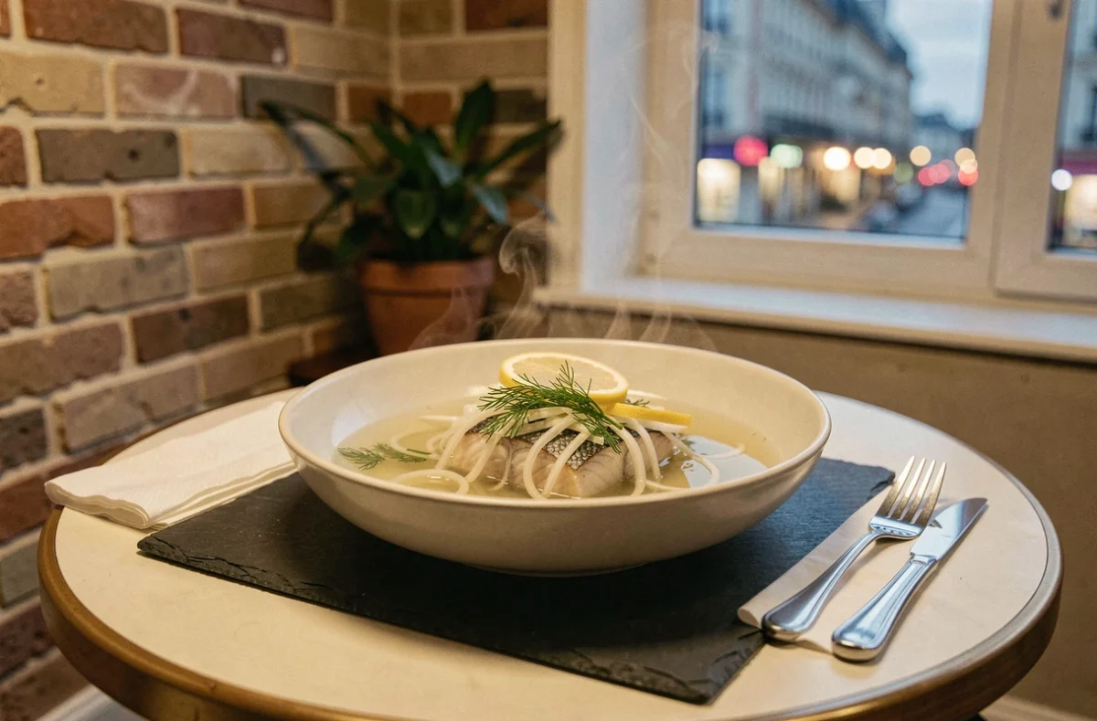 Bol de filet de julienne en bouillon léger avec légumes juliennés et aneth frais servi dans un appartement parisien pour un dîner express en semaine