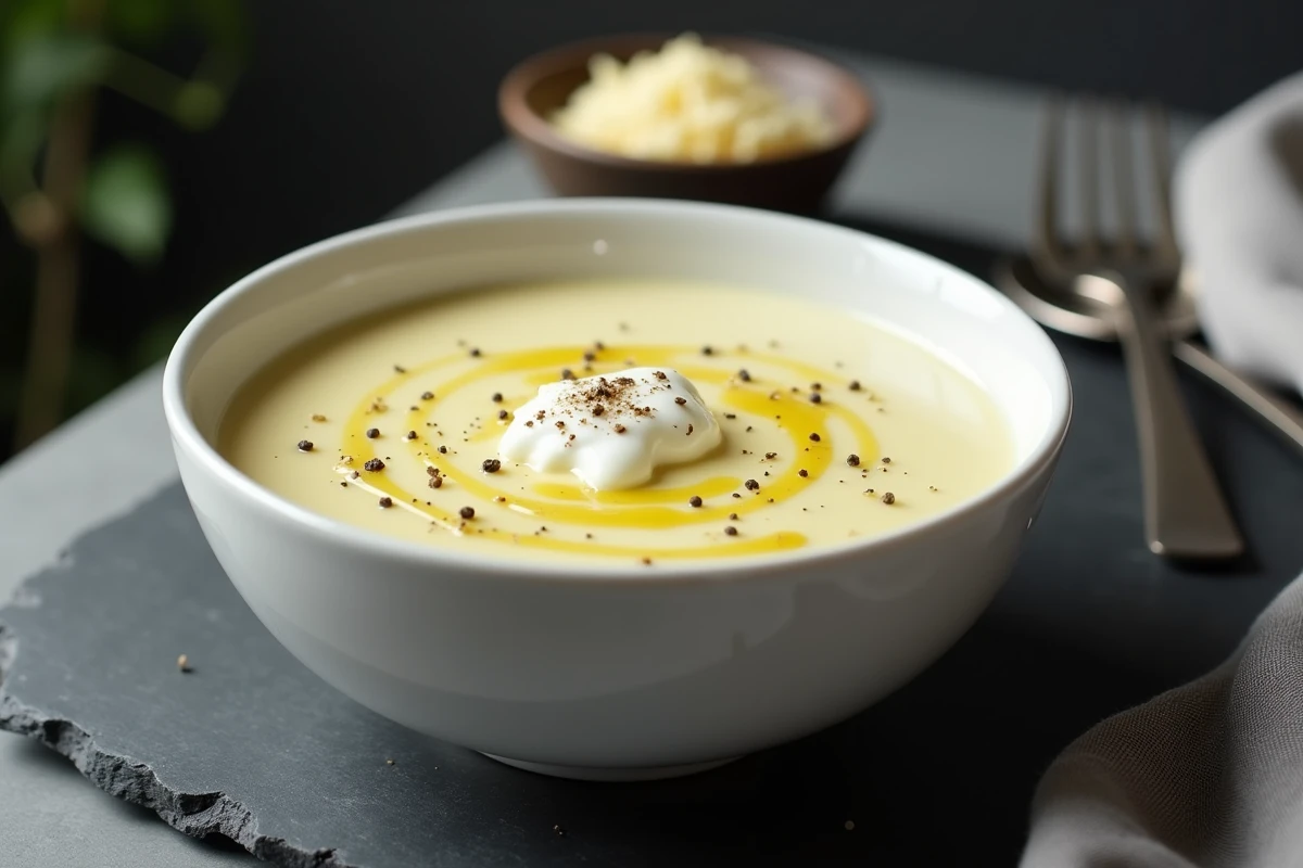 Bol de fondue de poireaux crémeuse garnie de crème fraîche et poivre noir