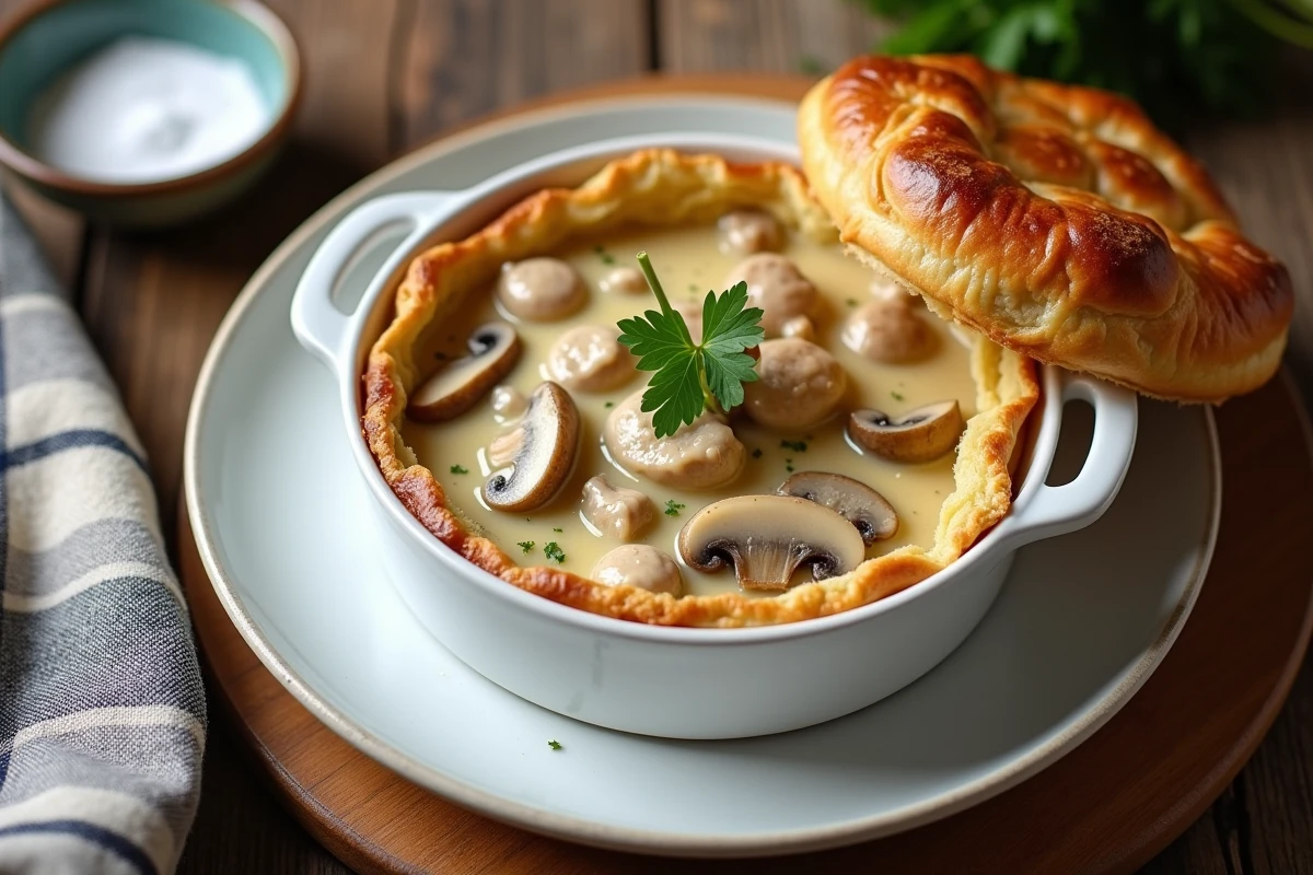Gros plan d'une bouchée à la reine ouverte révélant une garniture crémeuse au poulet et champignons sur une assiette en porcelaine vintage