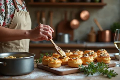 Grand-mère remplissant des bouchées à la reine avec une garniture crémeuse au poulet et champignons dans une cuisine familiale traditionnelle
