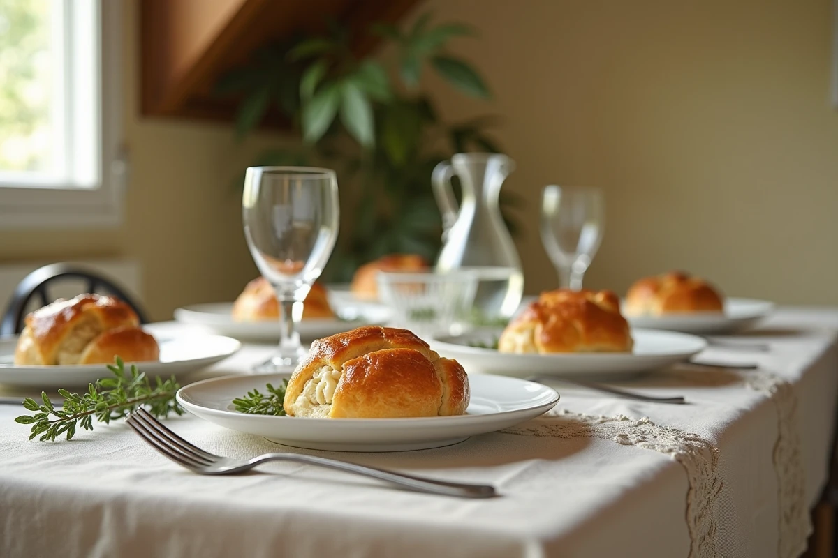 Table familiale du dimanche avec des bouchées à la reine servies sur des assiettes en céramique blanche dans une salle à manger de style provincial français