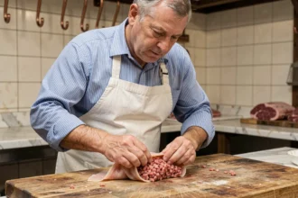 Boucher professionnel enroulant une crépinette de porc dans de la crépine sur un billot de boucher en bois, ambiance artisanale authentique