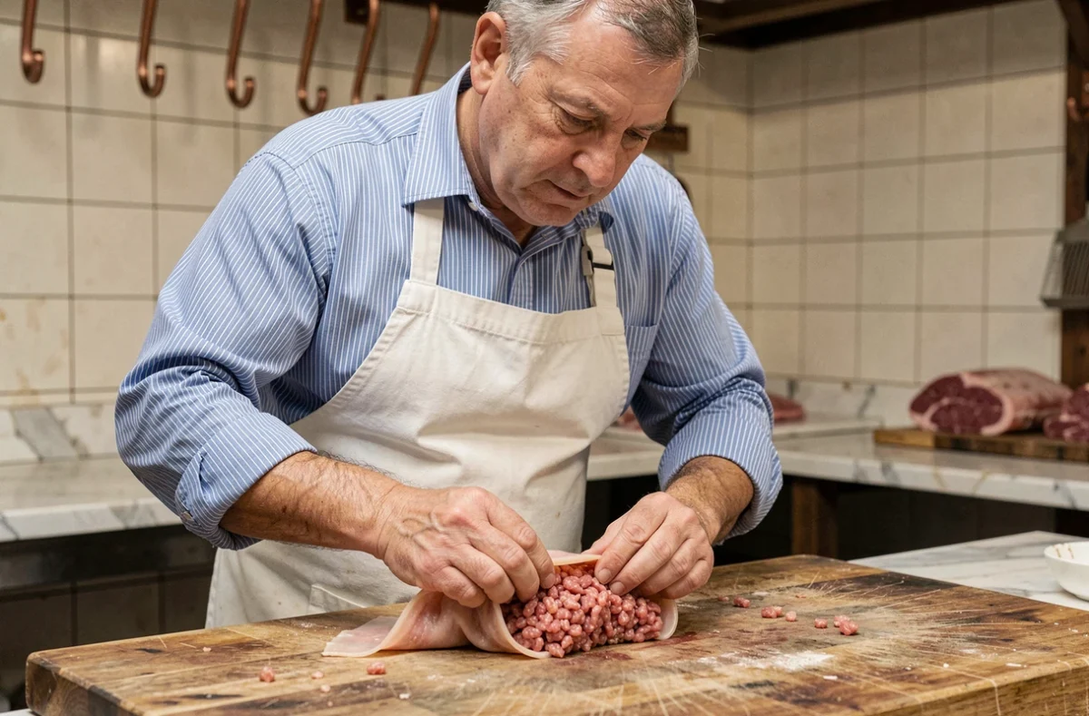 Boucher professionnel enroulant une crépinette de porc dans de la crépine sur un billot de boucher en bois, ambiance artisanale authentique