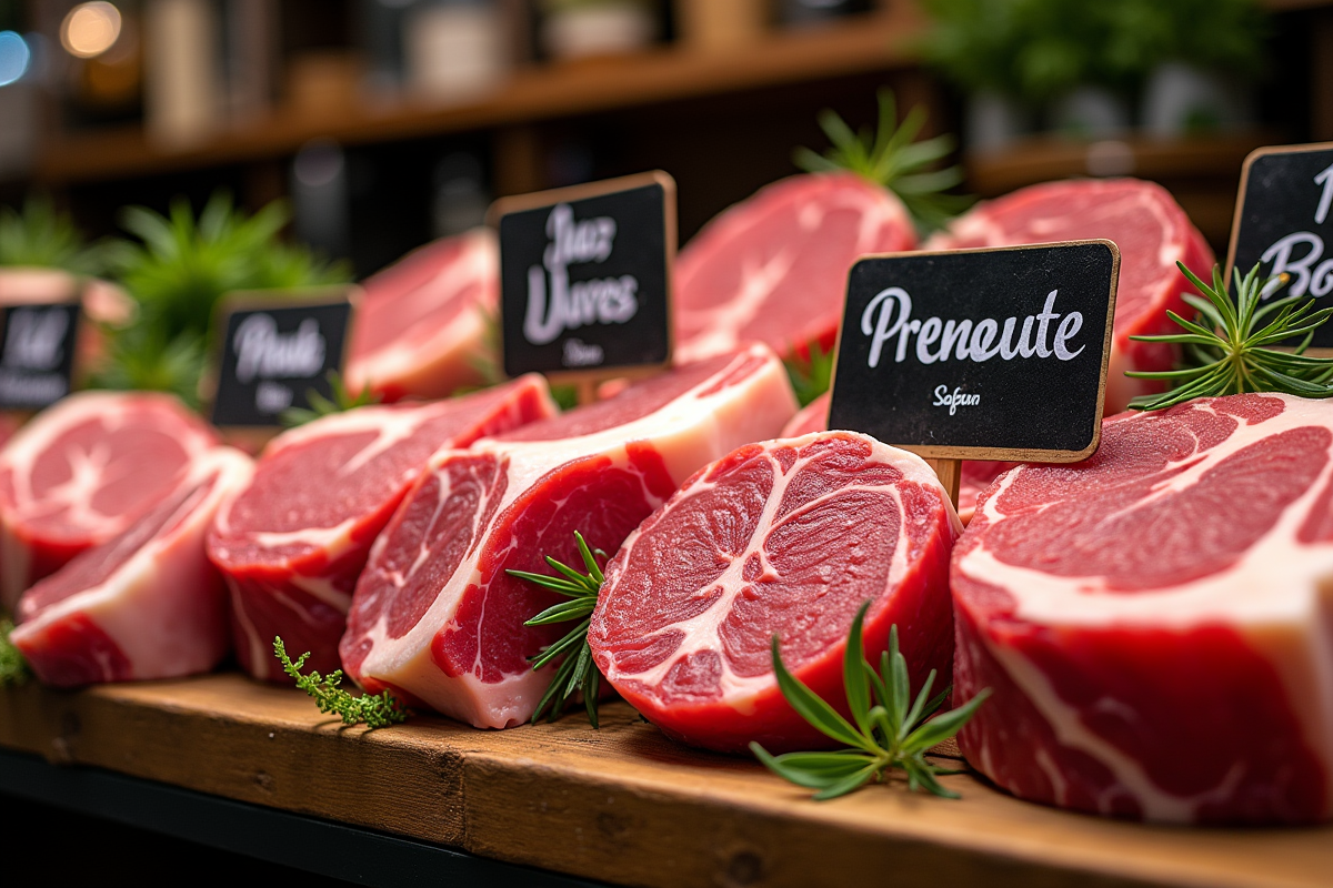 Vitrine de boucherie artisanale avec viandes fraîches à Lille