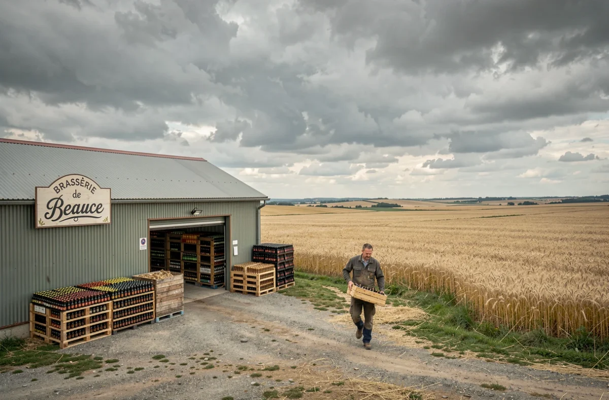 Bâtiment de la Brasserie de Beauce au milieu des plaines dorées de la Beauce avec un ciel dramatique