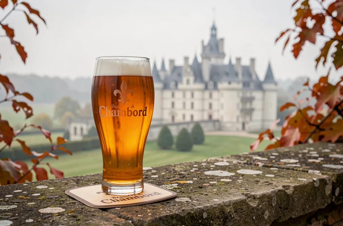 Bière artisanale de la Brasserie de Chambord posée sur un muret en pierre avec le château de Chambord en arrière-plan flou