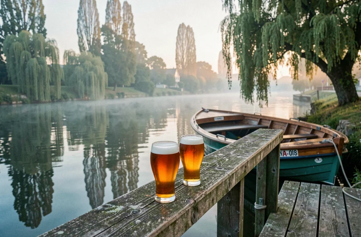 Deux verres de bière artisanale de la Brasserie de la Loire posés sur un ponton en bois face au fleuve avec des peupliers en arrière-plan