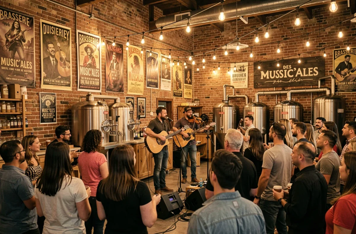 Concert de musique folk dans l'espace événementiel animé de la Brasserie des Music'Ales avec des tireuses à bière en arrière-plan