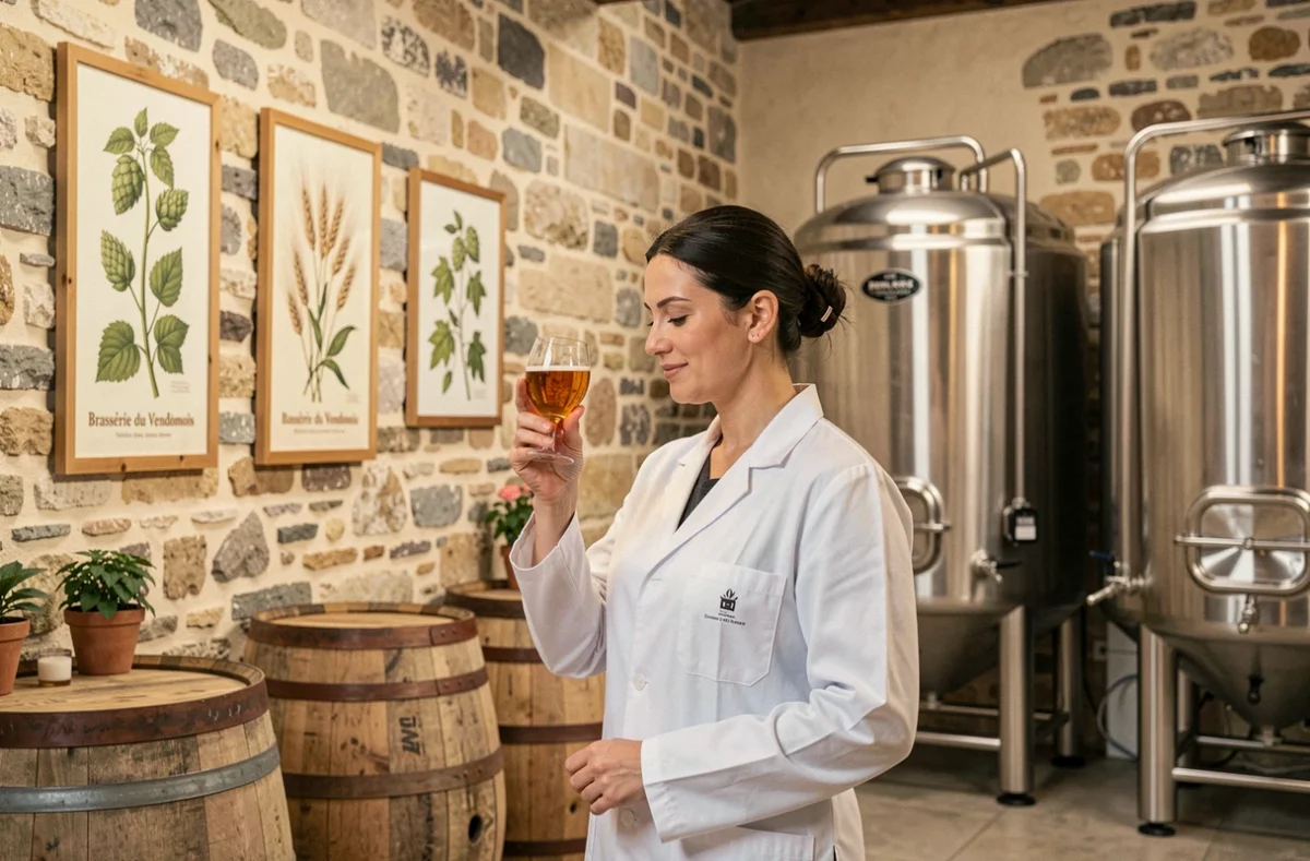 Brasseuse du Vendômois examinant un échantillon de bière ambrée devant des cuves en inox dans la brasserie en pierre calcaire