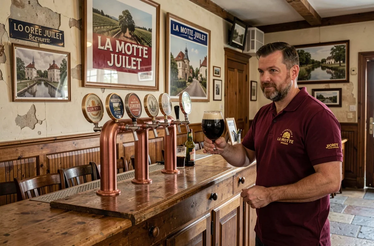 Brasseur de la Brasserie La Motte-Juillet présentant un verre de stout artisanal devant les tireuses en cuivre