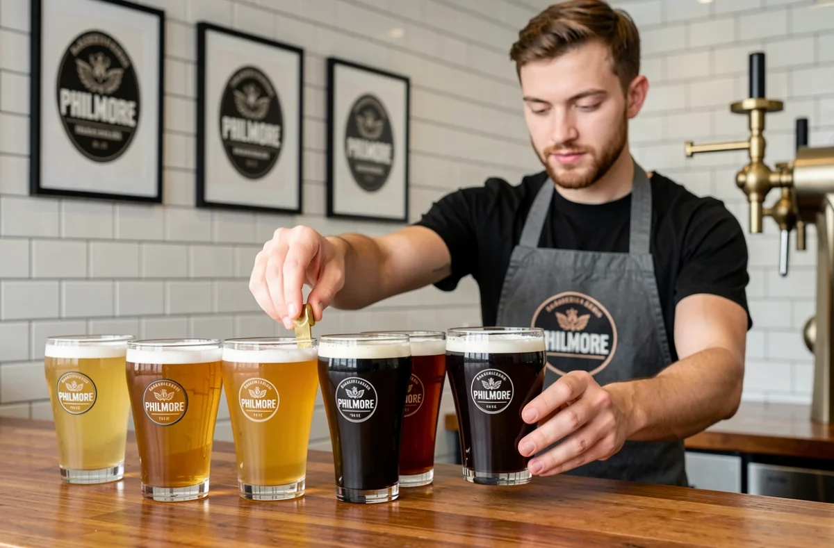 Barman de la Brasserie Philmore présentant une série de verres de dégustation de bières artisanales aux teintes variées sur un comptoir en bois poli