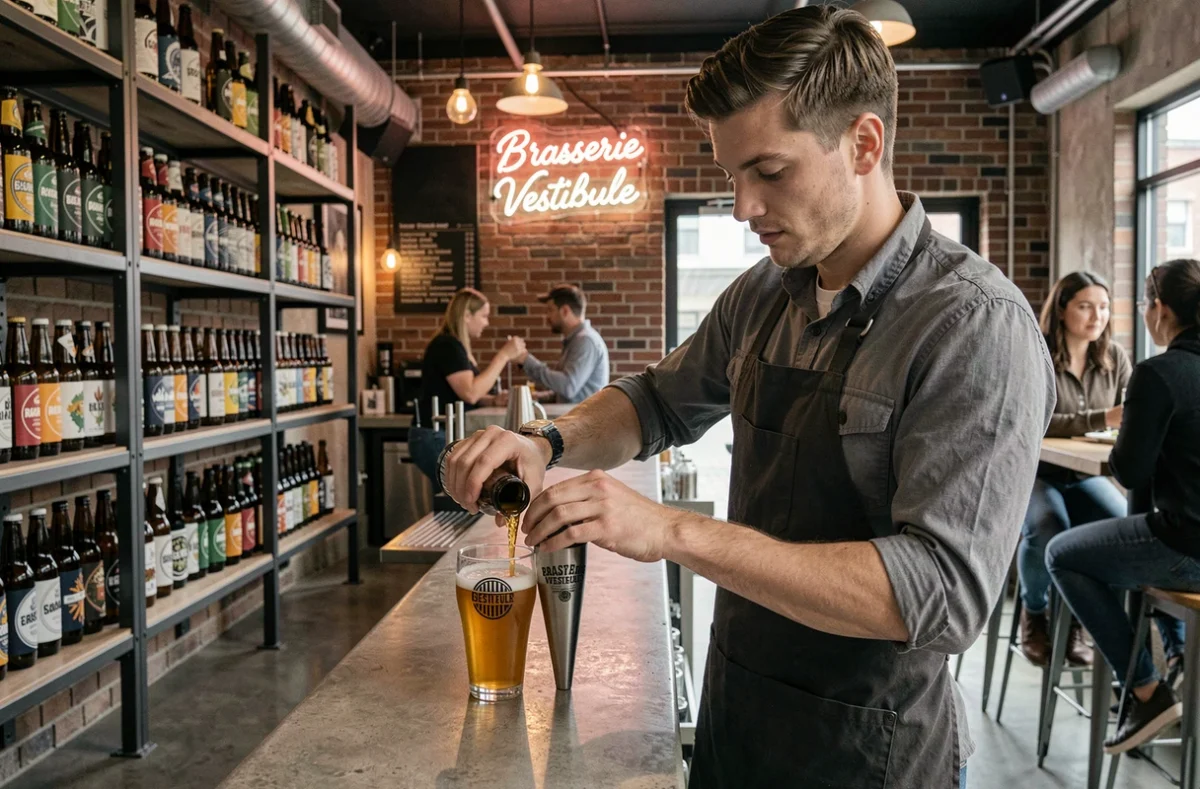 Barman versant une bière artisanale trouble dans un verre à la Brasserie Vestibule avec un décor industriel urbain