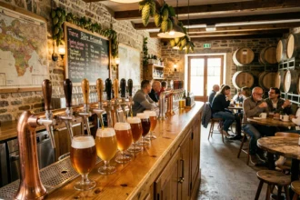 Vue d'ensemble d'une brasserie artisanale en Centre-Val de Loire avec des tireuses en cuivre et une ambiance chaleureuse en bois et pierre