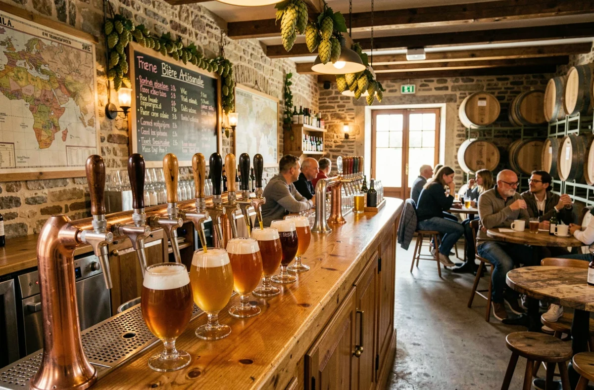 Vue d'ensemble d'une brasserie artisanale en Centre-Val de Loire avec des tireuses en cuivre et une ambiance chaleureuse en bois et pierre