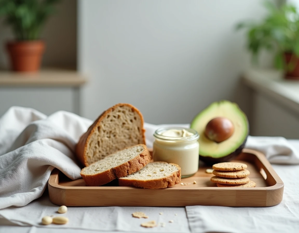 Plateau de brunch santé avec pain au levain d'épeautre et alternatives sans gluten sur nappe en lin