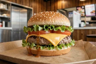 Burger Shake Shack classique avec fromage fondu et sauce maison posé sur un plateau en papier kraft dans un restaurant moderne