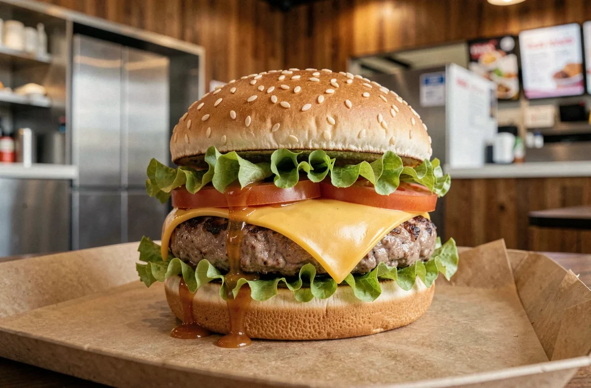 Burger Shake Shack classique avec fromage fondu et sauce maison posé sur un plateau en papier kraft dans un restaurant moderne