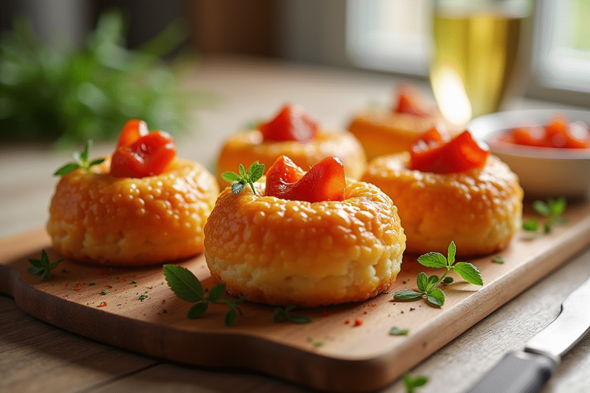 Cannelés au chorizo fraîchement cuits sur une planche en bois