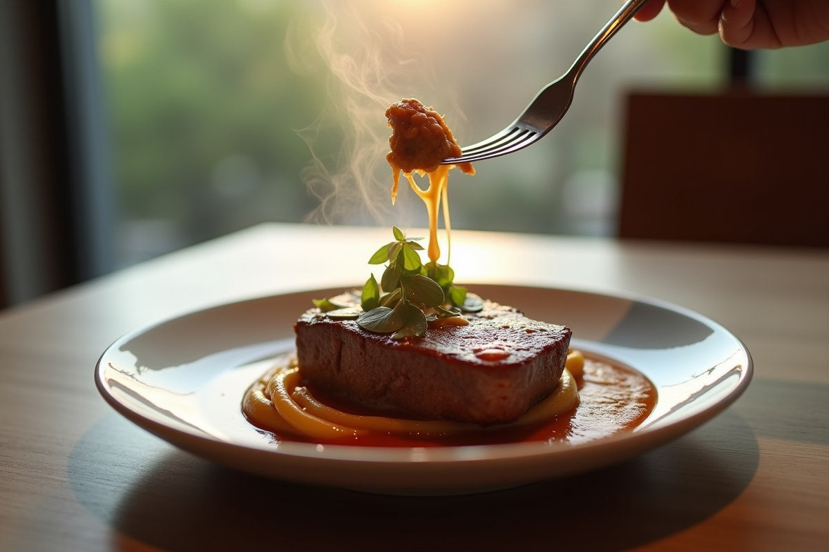 Une fourchette soulevant un morceau de viande dans la carbonade