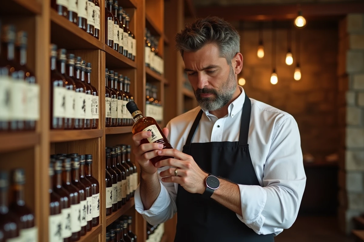 Caviste examinant une bouteille de whisky japonais dans une boutique de spiritueux traditionnelle