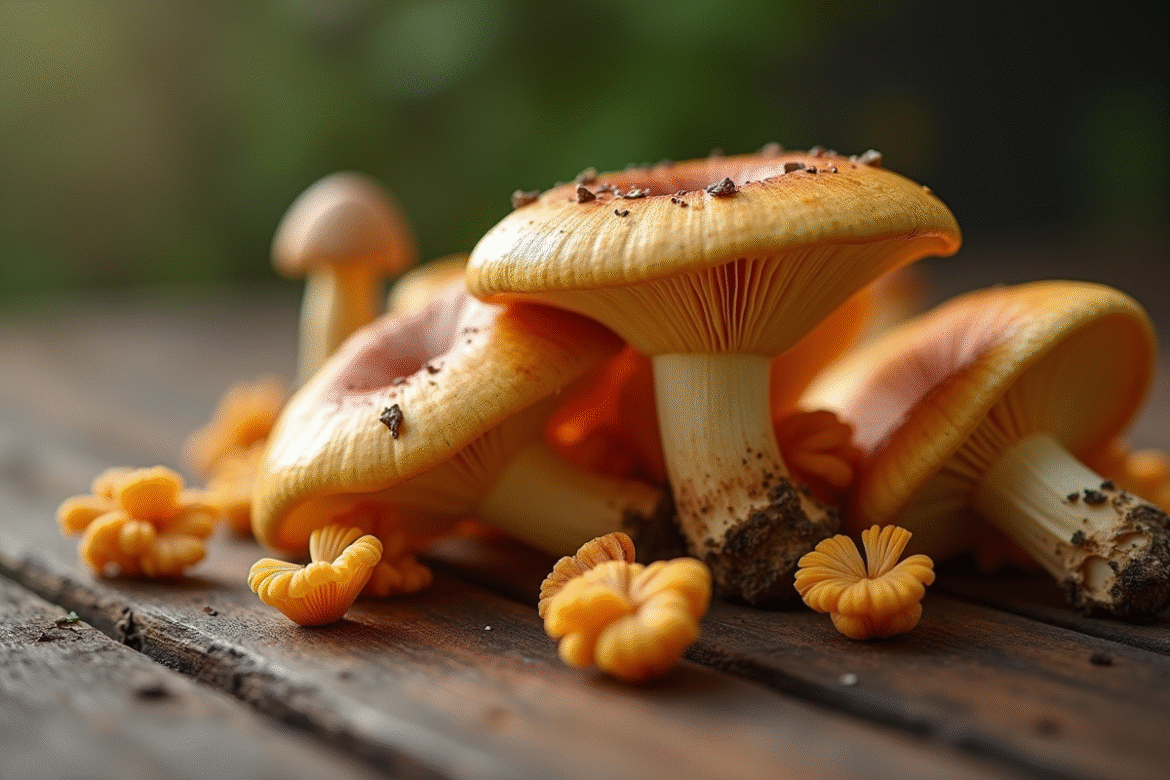 Champignons chanterelles sur une table en bois rustique avec mise au point