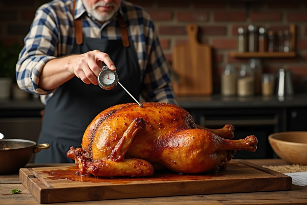 Chapon doré sur planche avec un homme vérifiant la cuisson