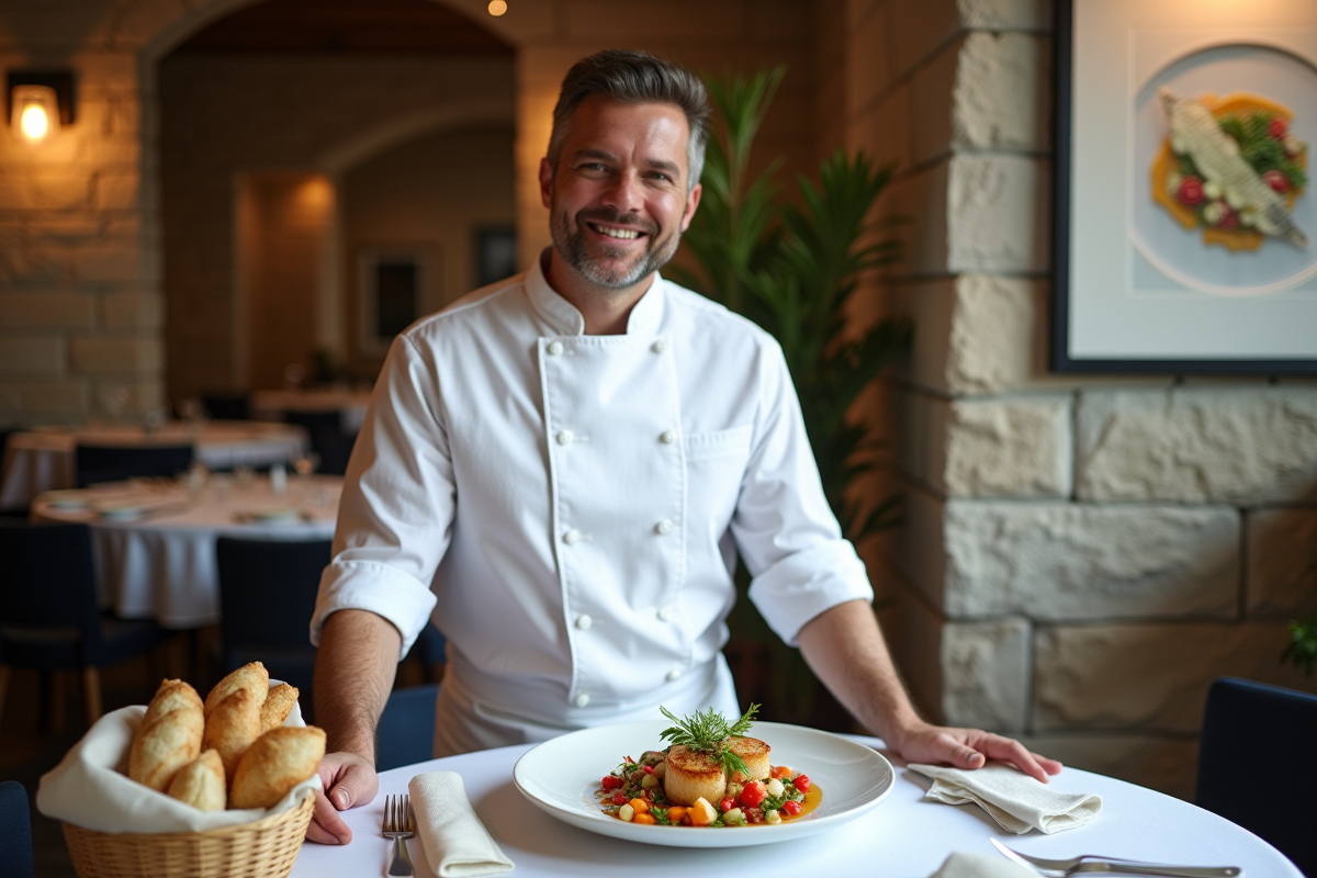 Chef artisanal présentant un plat de coquilles Saint-Jacques avec légumes colorés