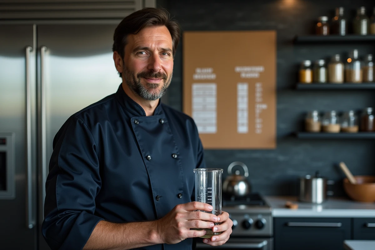 Chef cuisinier vérifiant une mesure en centilitres avec un cylindre gradué et une table de conversion grammes-centilitres en cuisine professionnelle