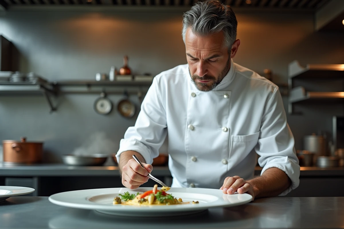 Chef cuisinier parisien dressant avec soin une assiette gastronomique raffinée dans les cuisines d'un grand restaurant